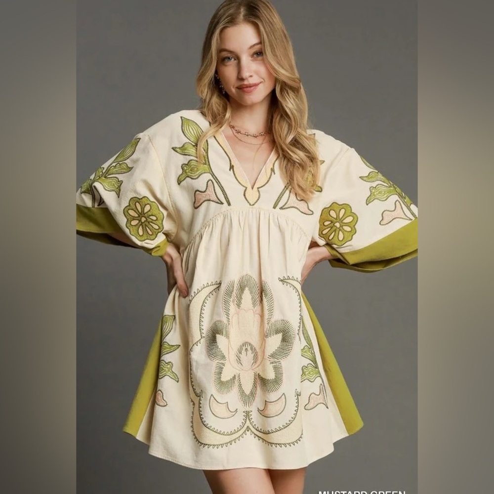 Embroidered Cream and Olive Green Short Dress